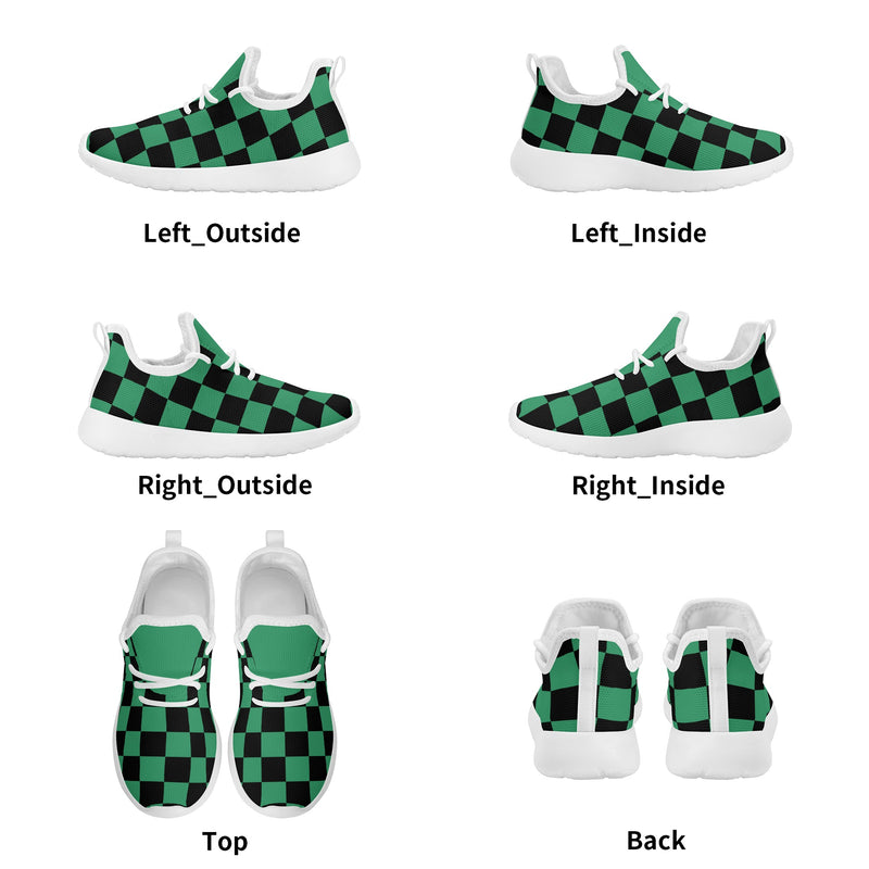 Kids Running Shoes | Mesh Knit Sneakers for kids 7-12 | Anime Slayer of Demon | Green Black Checkered