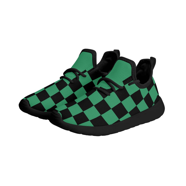 Kids Running Shoes | Mesh Knit Sneakers for kids 7-12 | Anime Slayer of Demon | Green Black Checkered
