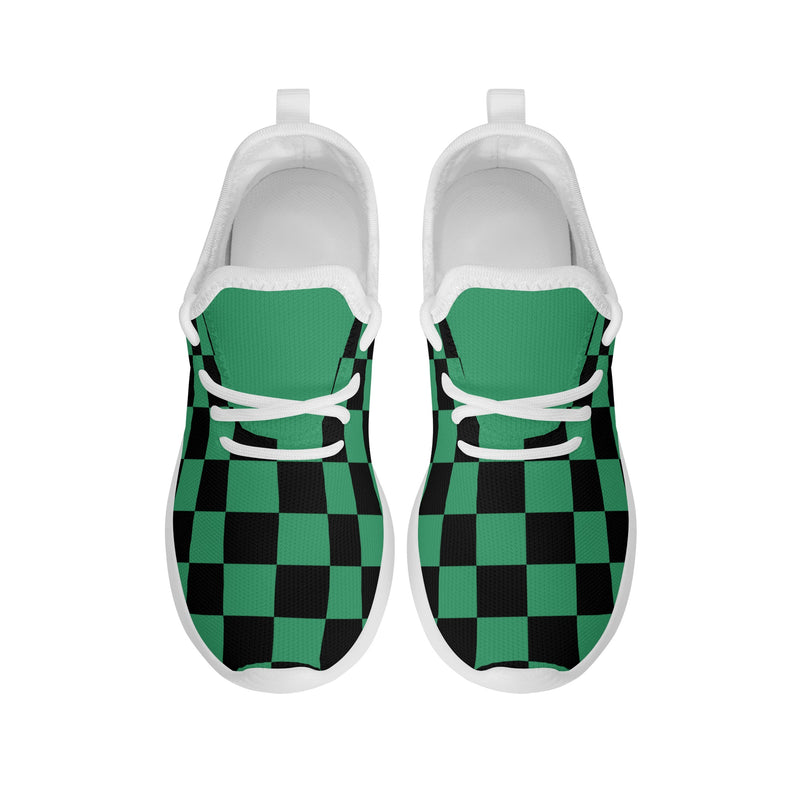 Kids Running Shoes | Mesh Knit Sneakers for kids 7-12 | Anime Slayer of Demon | Green Black Checkered