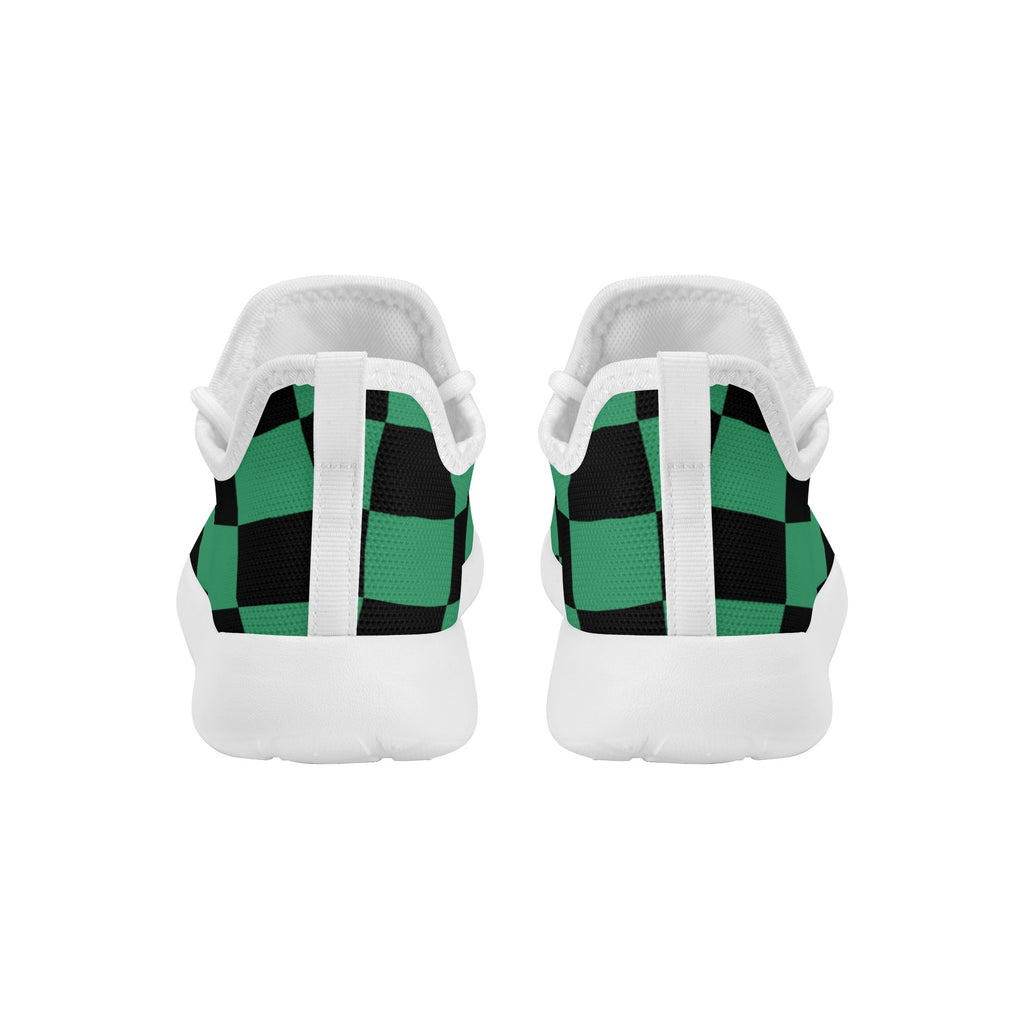 Kids Running Shoes | Mesh Knit Sneakers for kids 7-12 | Anime Slayer of Demon | Green Black Checkered