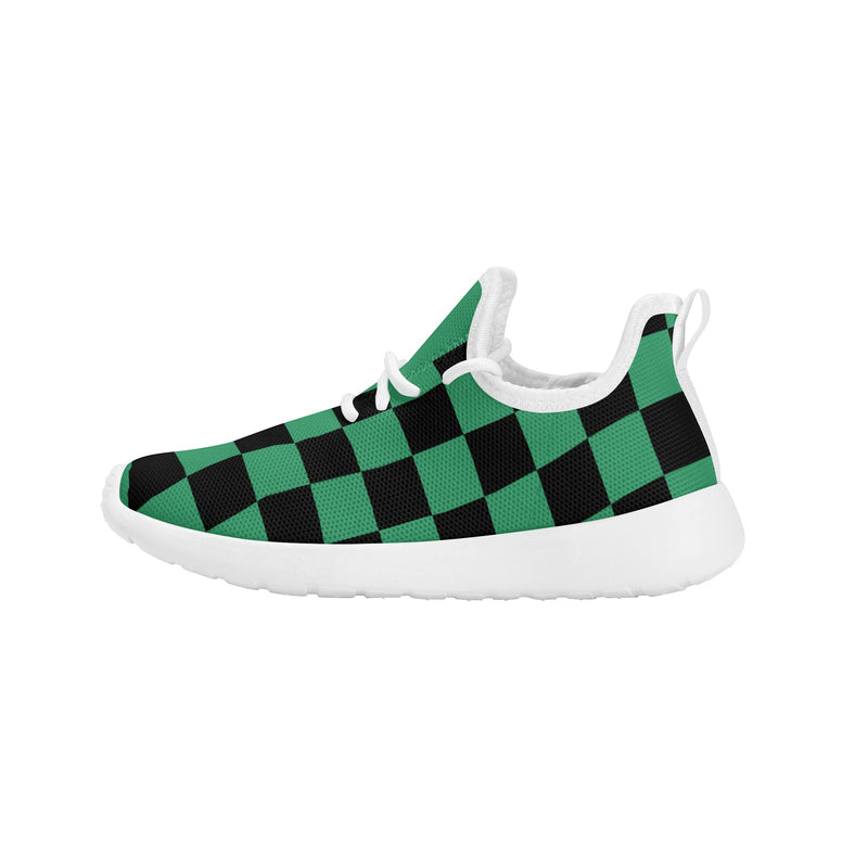 Kids Running Shoes | Mesh Knit Sneakers for kids 7-12 | Anime Slayer of Demon | Green Black Checkered