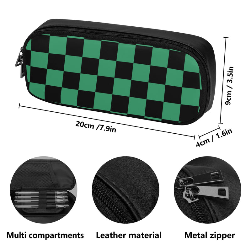 Back to School Supplies: PU Leather Pencil case for Tweens & Teens. Trendy Anime inspired Green & Black Pencil Case