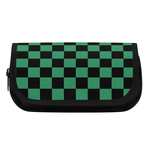 Back to School supplies-Double Layer Pencil Cases for Tweens & Teens. Cool Anime inspired Green & Black Checks