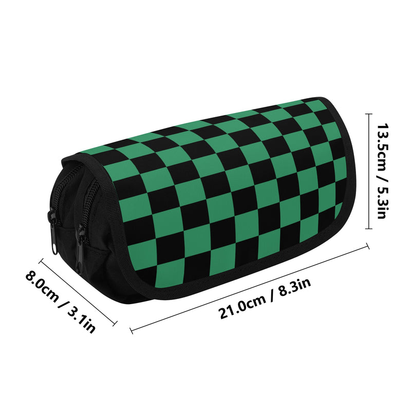 Back to School supplies-Double Layer Pencil Cases for Tweens & Teens. Cool Anime inspired Green & Black Checks