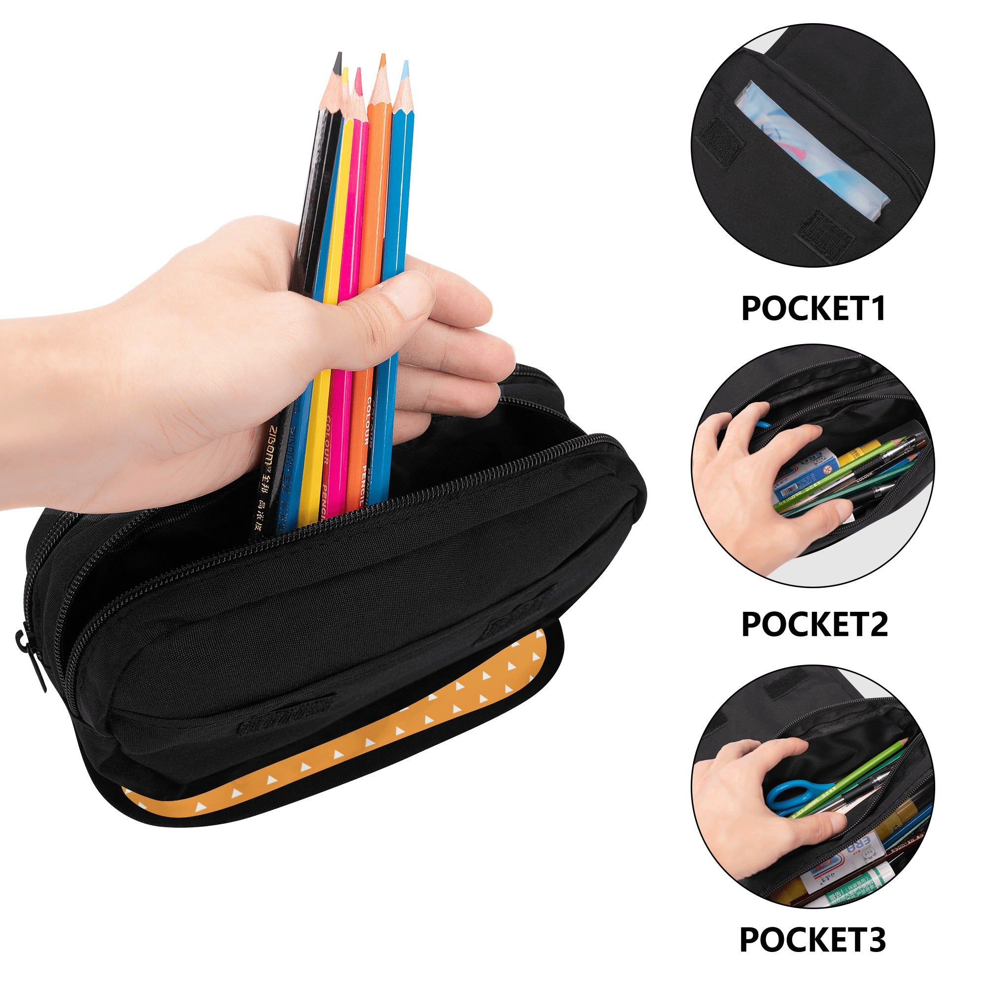 Trendy Double Layer Pencil Cases for Tweens & Teens. Back to school supplies-Anime inspired Orange Yellow pattern