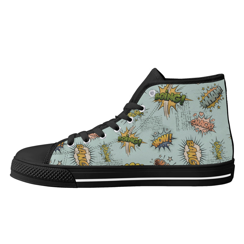 Canvas High Top Sneakers | Vintage Blue | Unique Onomatopoeia Print | Retro Comic style