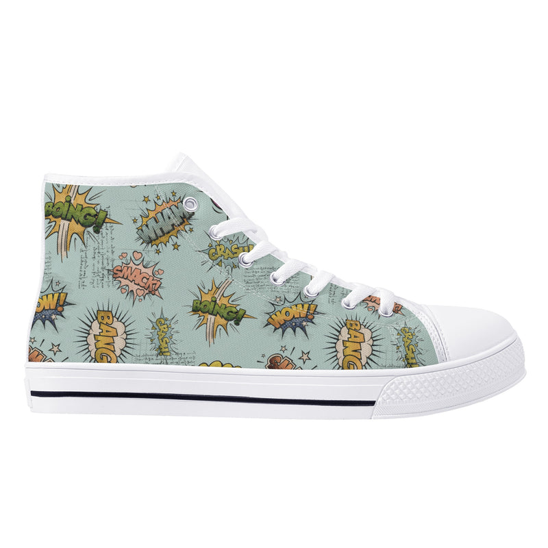 Canvas High Top Sneakers | Vintage Blue | Unique Onomatopoeia Print | Retro Comic style