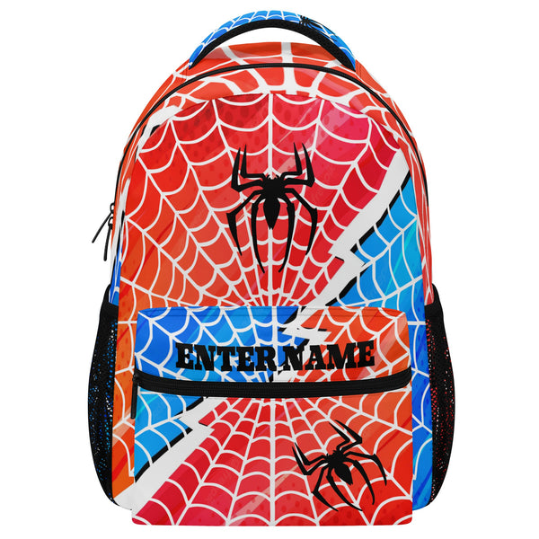 Back to School Supplies: Stylish & Durable Book Bags & Backpacks for Kids and Tweens. Bright Blue and Red Spider pattern