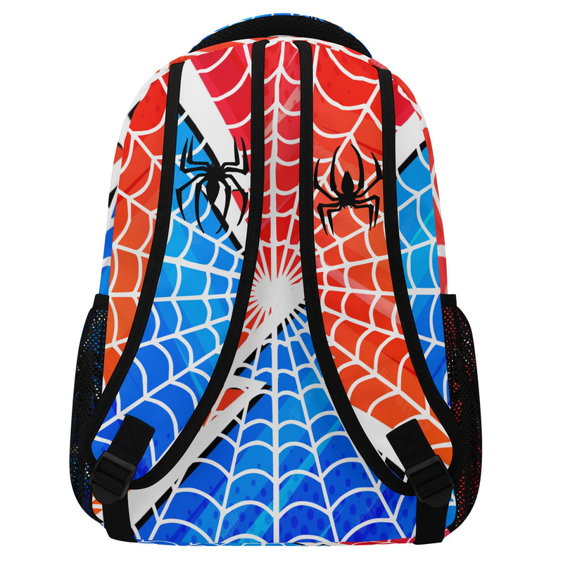 Back to School Supplies: Stylish & Durable Book Bags & Backpacks for Kids and Tweens. Bright Blue and Red Spider pattern