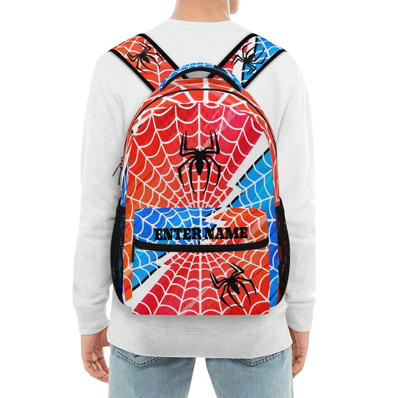 Back to School Supplies: Stylish & Durable Book Bags & Backpacks for Kids and Tweens. Bright Blue and Red Spider pattern