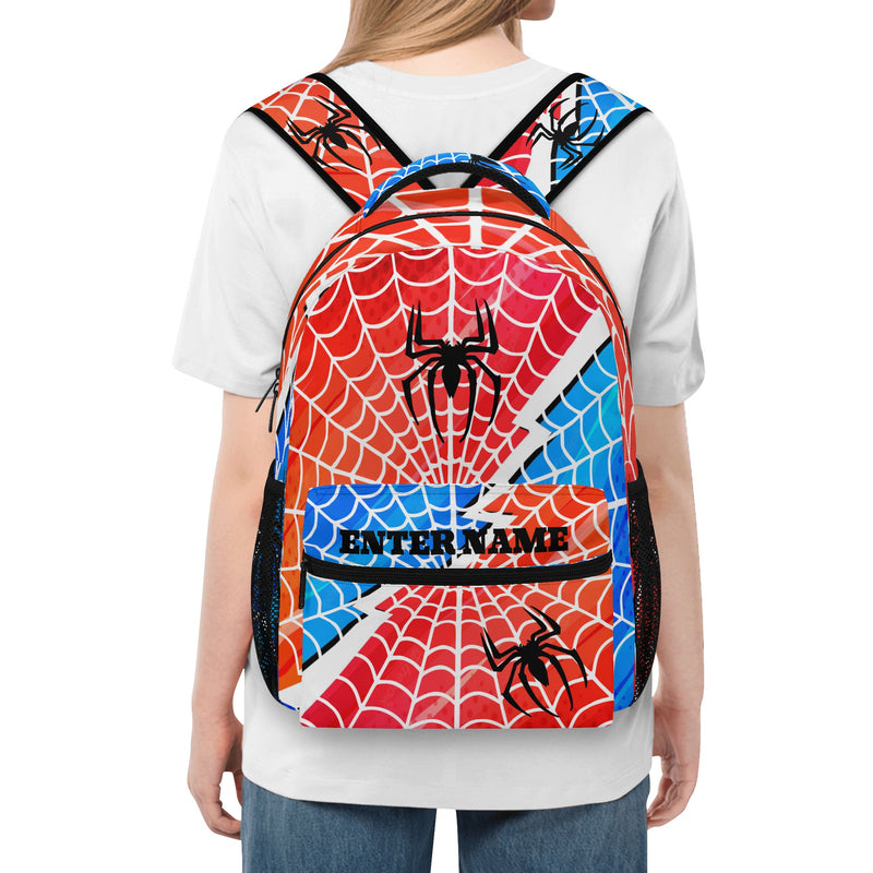 Back to School Supplies: Stylish & Durable Book Bags & Backpacks for Kids and Tweens. Bright Blue and Red Spider pattern