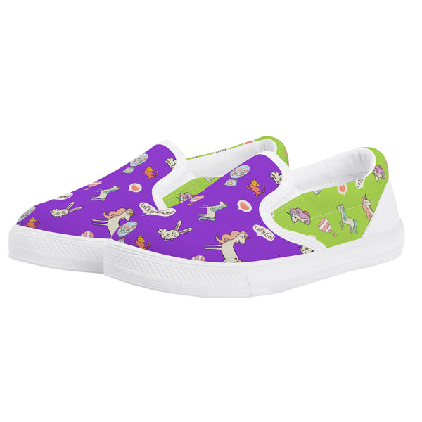 Canvas Slip-On Shoes. | Kids’ Sneakers | Loafers for Playtime Fun | Cute Purple Green Unicorns