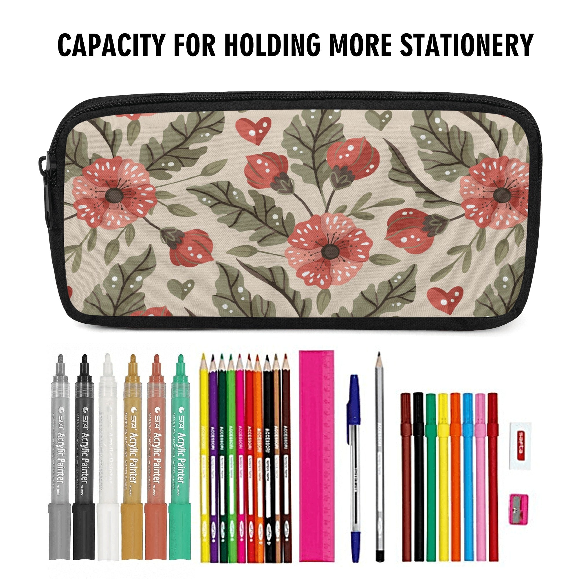 Back to school | Canvas Pencil Case | One-Side Printed | High Quality | Spacious | Cottagecore Pink Flowers