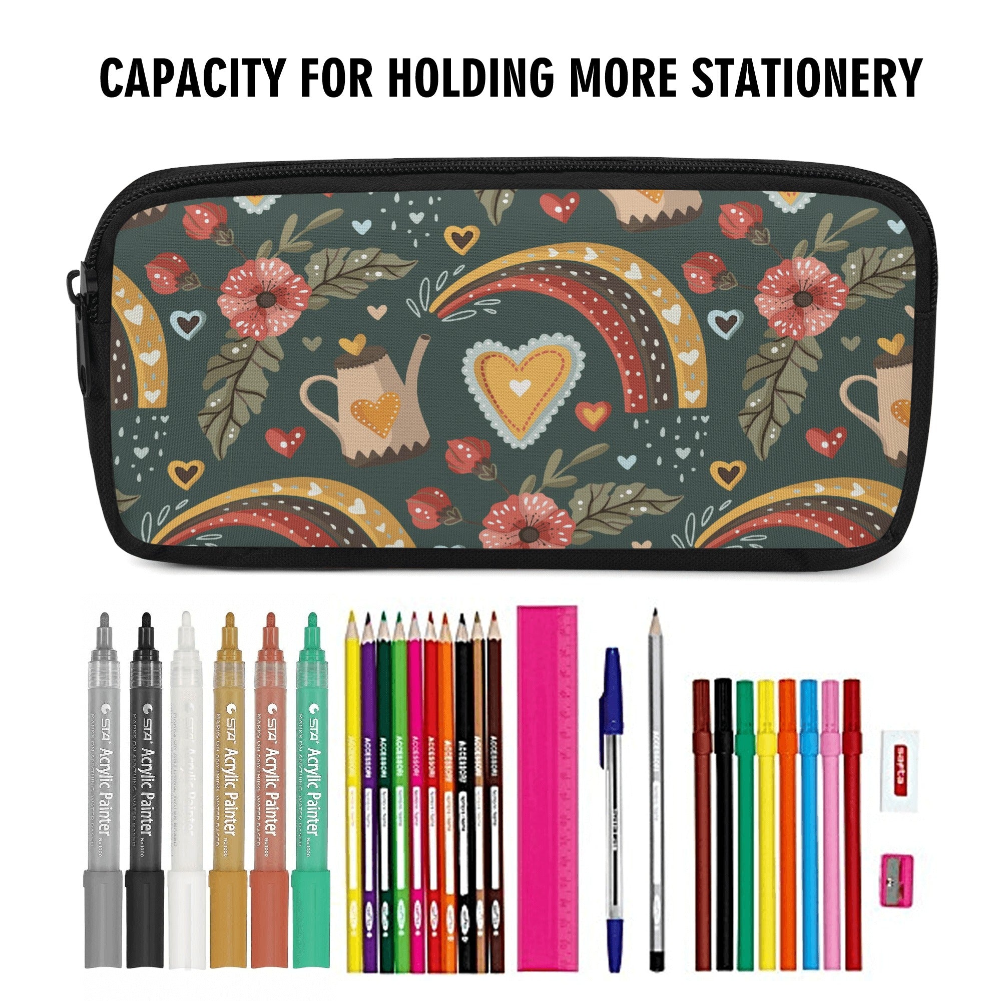 Back to school | Canvas Pencil Case | One-Side Printed | High Quality | Spacious | Cottagecore Rainbow