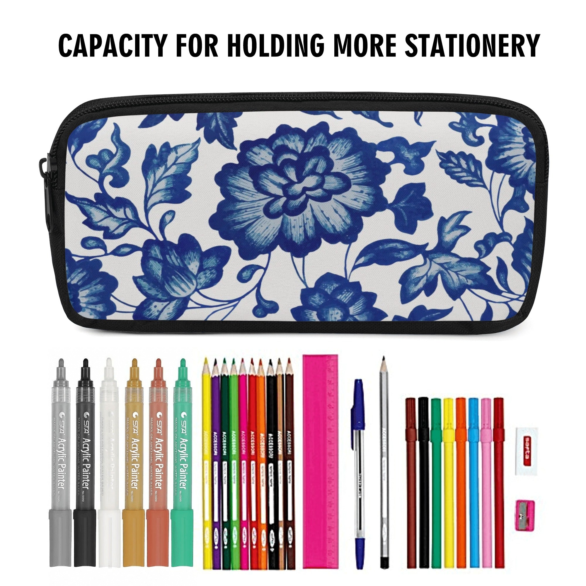 Back to school | Canvas Pencil Case | One-Side Printed | High Quality | Spacious | Cottagecore Gzhel Blue flowers