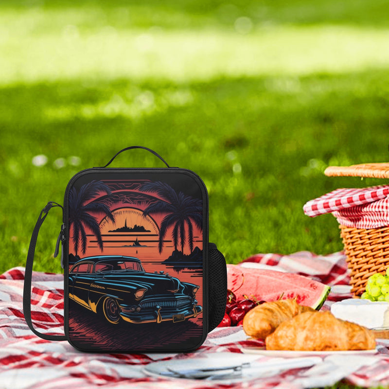 Lunch Bag-All-Over Print-Lunch Box Bag with Bottle Holder-Spacious-Retro Sunset Vintage Car