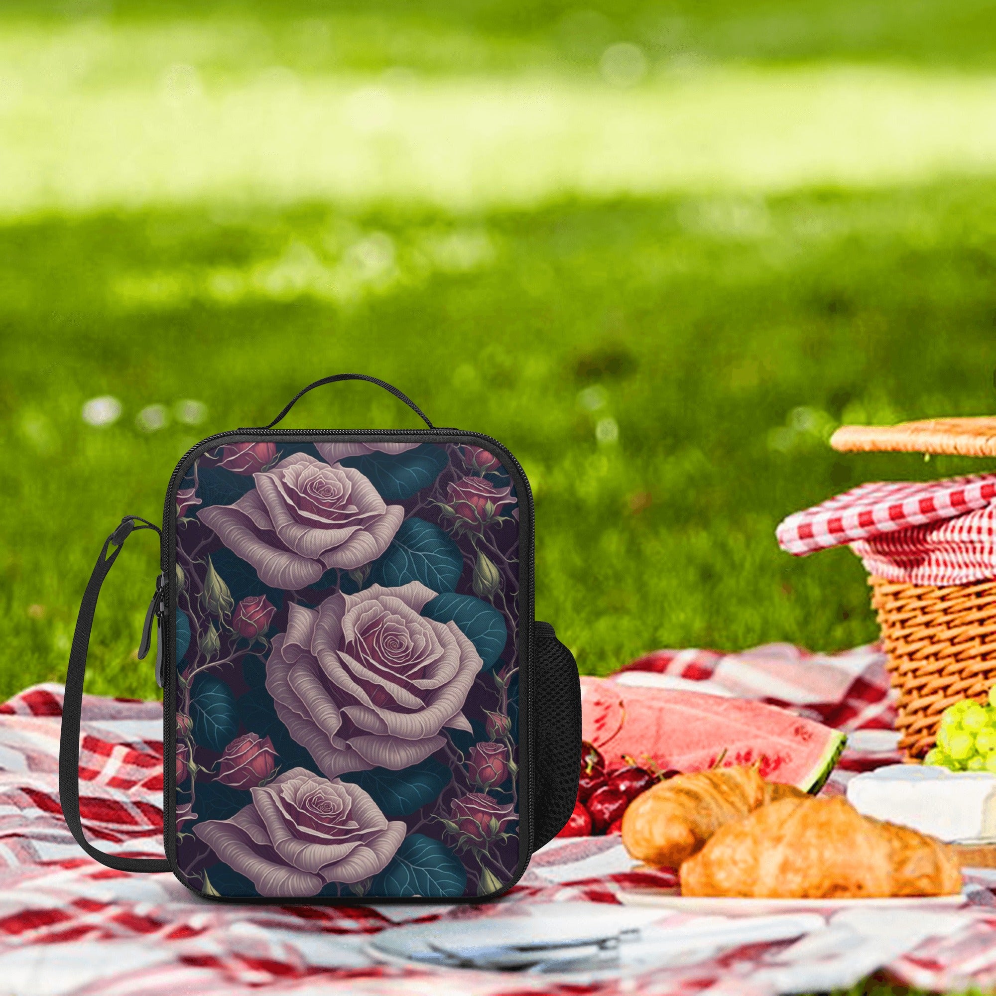Lunch Bag-All-Over Print-Lunch Box Bag with Bottle Holder-Spacious-Cottagecore Pink Roses