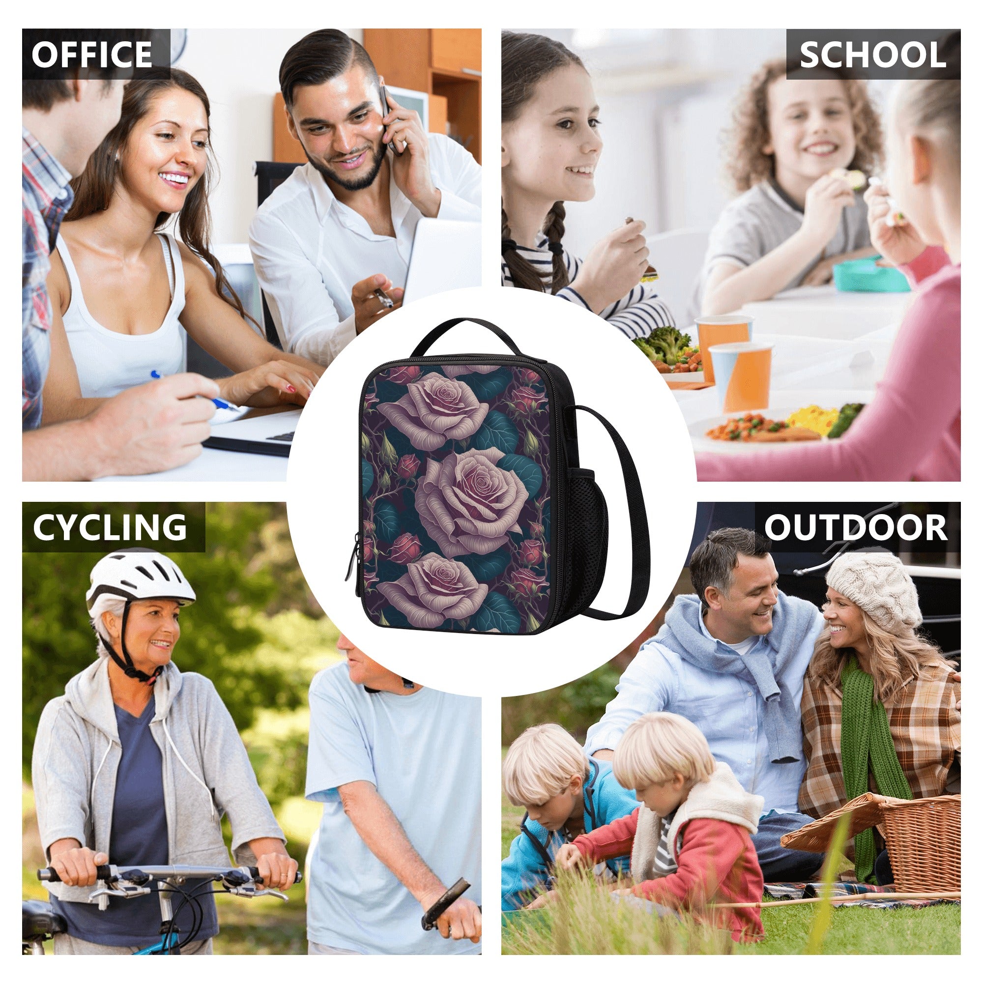 Lunch Bag-All-Over Print-Lunch Box Bag with Bottle Holder-Spacious-Cottagecore Pink Roses
