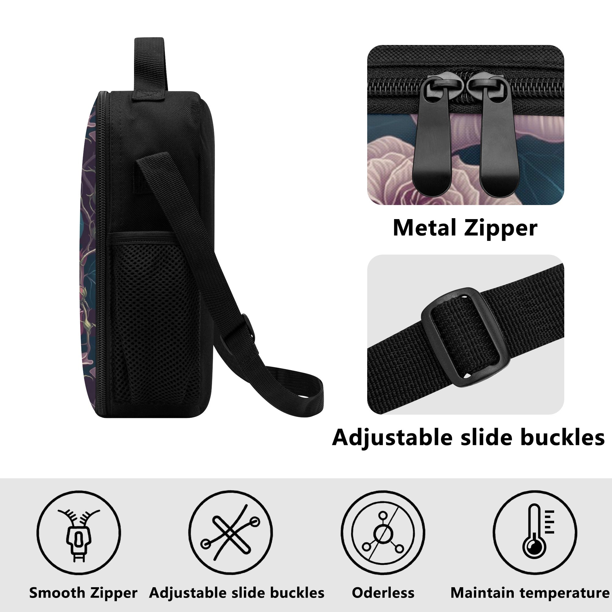 Lunch Bag-All-Over Print-Lunch Box Bag with Bottle Holder-Spacious-Cottagecore Pink Roses