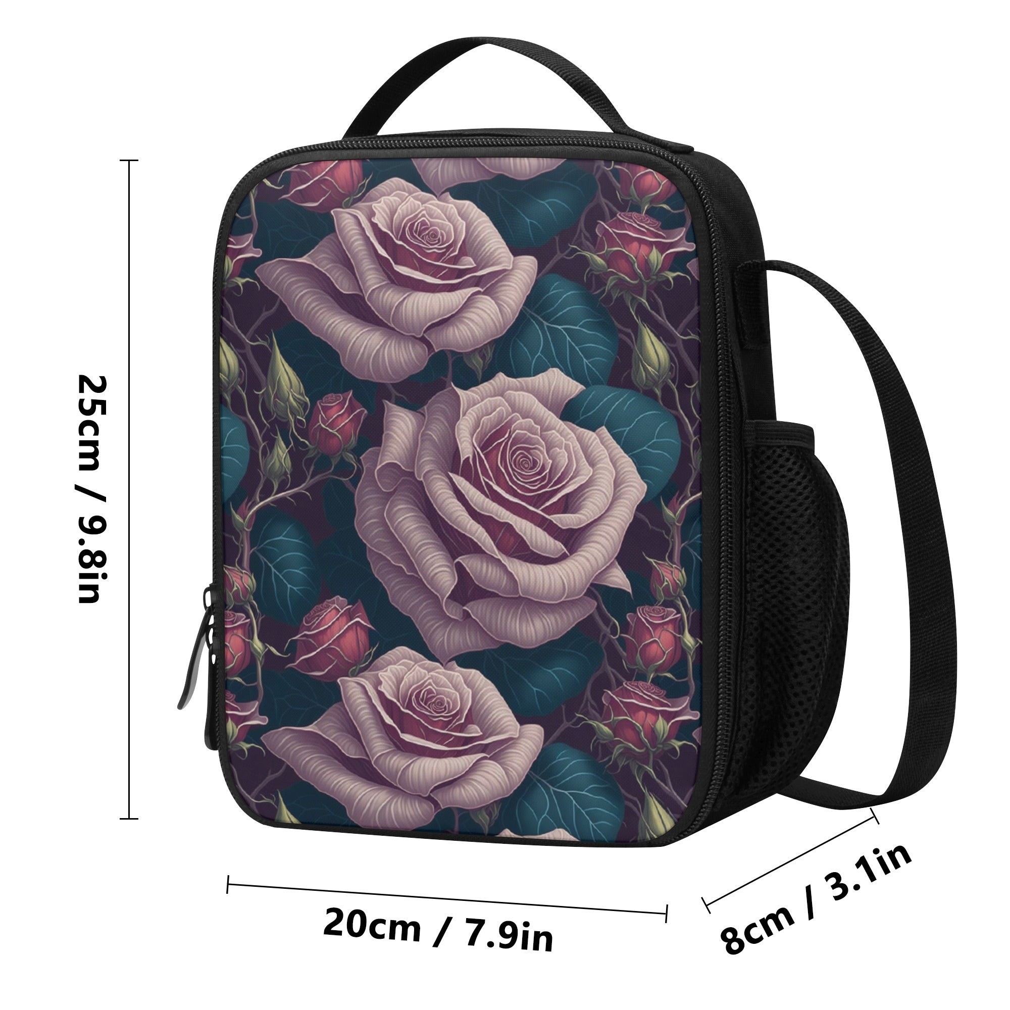 Lunch Bag-All-Over Print-Lunch Box Bag with Bottle Holder-Spacious-Cottagecore Pink Roses