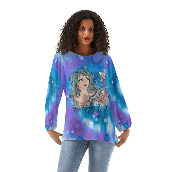 Pisces Woman Zodiac Sign Long Sleeve Chiffon Blouse Inspired by Astrology and Horoscope