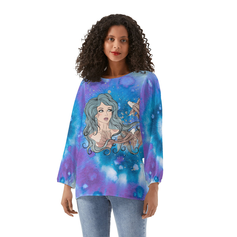 Pisces Woman Zodiac Sign Long Sleeve Chiffon Blouse Inspired by Astrology and Horoscope