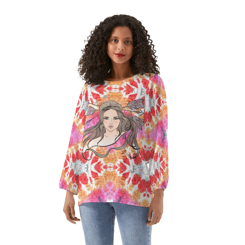 Sagittarius Woman Zodiac Sign Long Sleeve Chiffon Blouse Inspired by Astrology and Horoscope