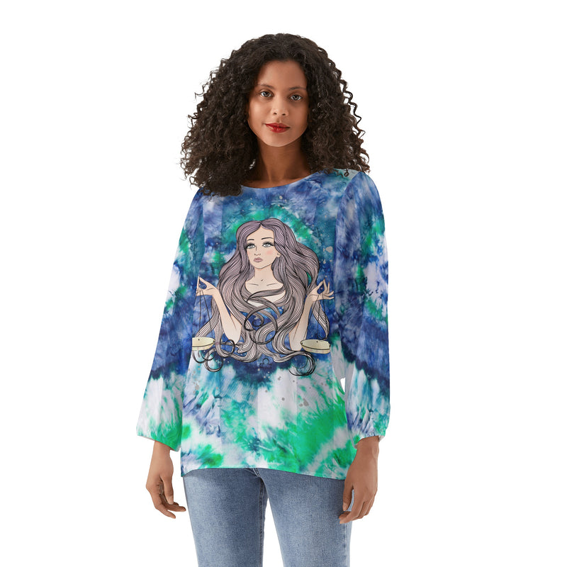 Libra Woman Zodiac Sign Long Sleeve Chiffon Blouse Inspired by Astrology and Horoscope