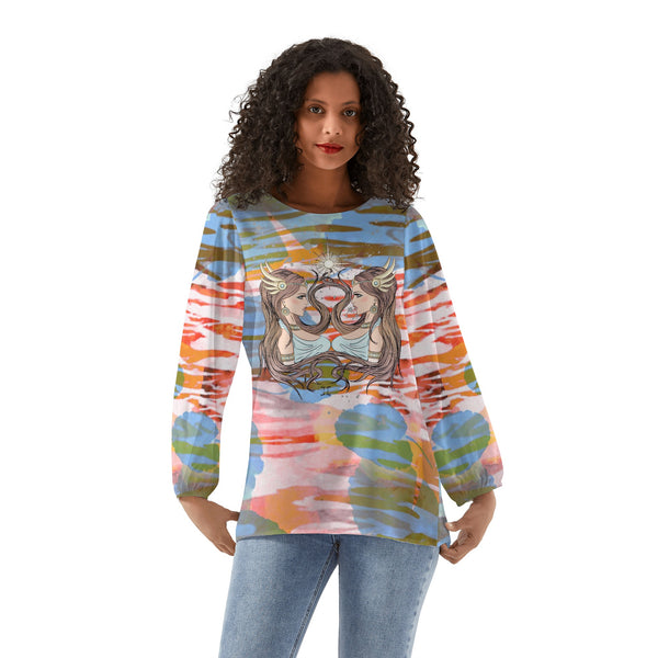 Gemini Woman Zodiac Sign Long Sleeve Chiffon Blouse Inspired by Astrology and Horoscope