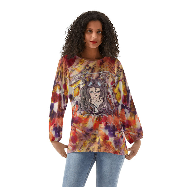 Taurus Woman Zodiac Sign Long Sleeve Chiffon Blouse Inspired by Astrology and Horoscope