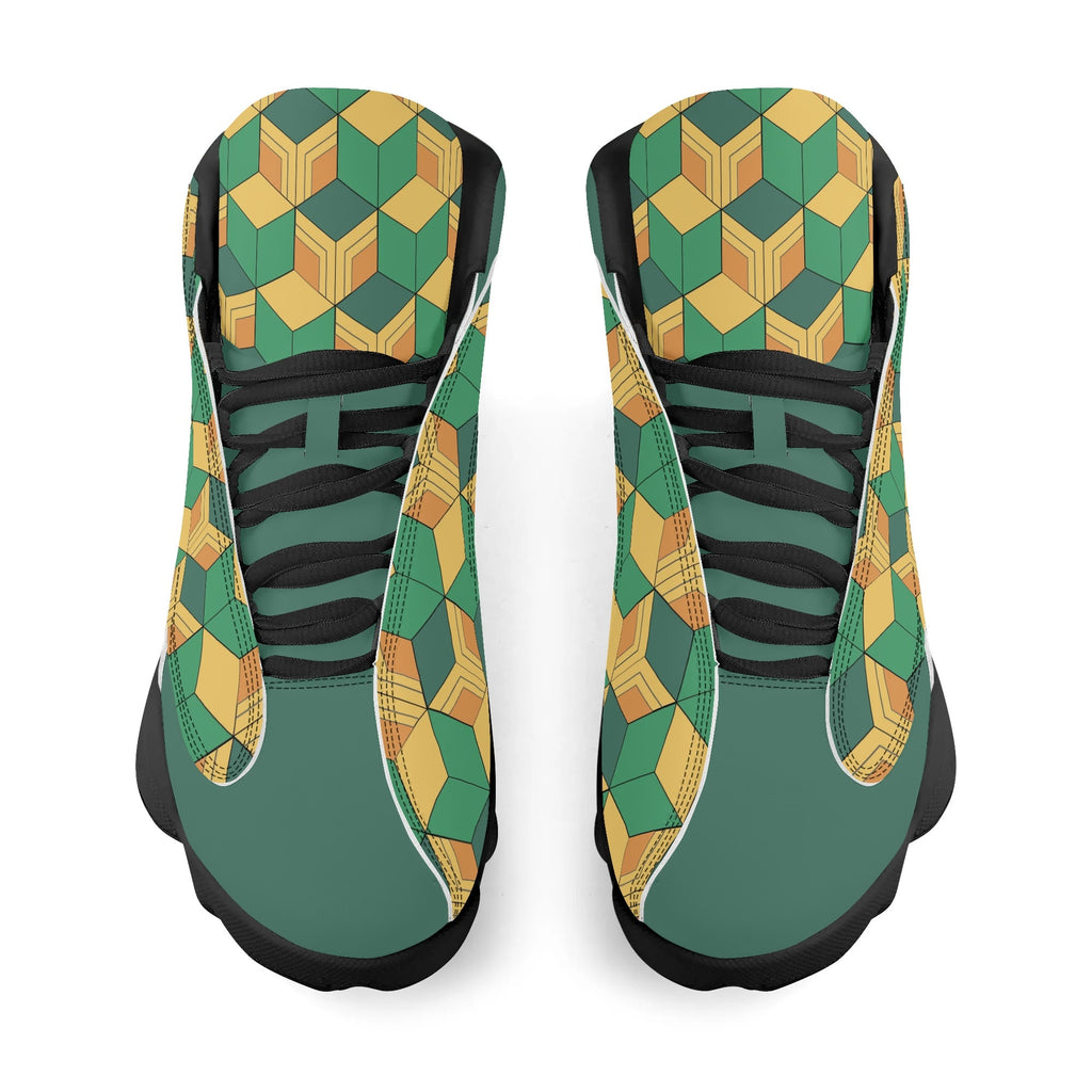 Skate shoe | High Top Sneakers | PU Vegan Leather Basketball shoes | Anime Slayer of Demon | Green Yellow Pattern