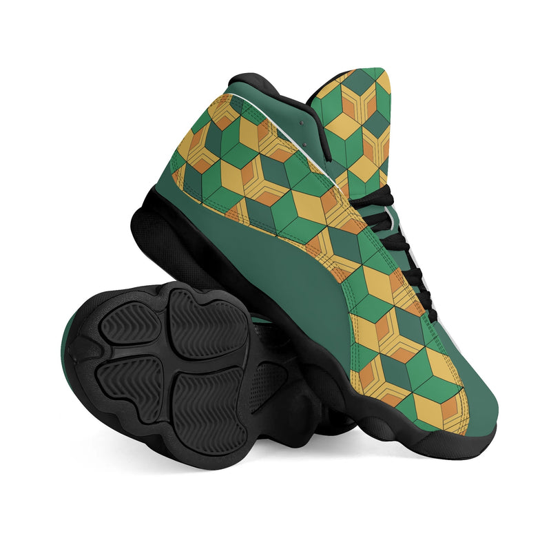 Skate shoe | High Top Sneakers | PU Vegan Leather Basketball shoes | Anime Slayer of Demon | Green Yellow Pattern