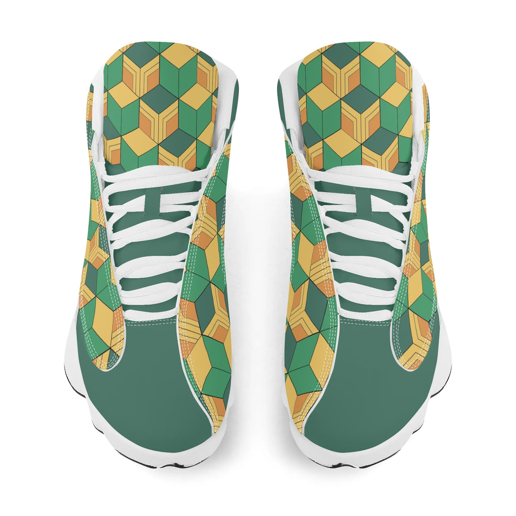 Skate shoe | High Top Sneakers | PU Vegan Leather Basketball shoes | Anime Slayer of Demon | Green Yellow Pattern