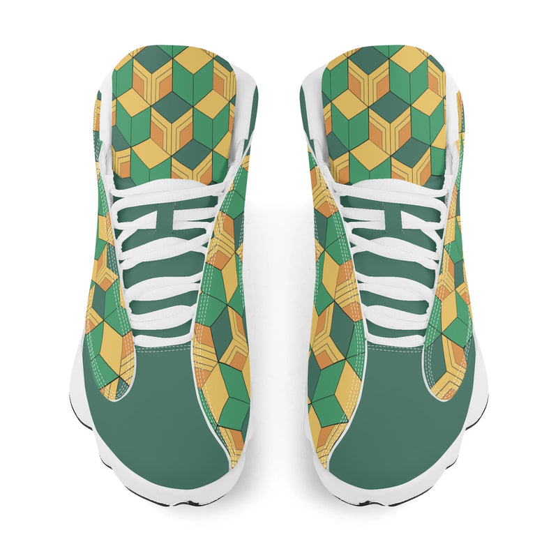 Skate shoe | High Top Sneakers | PU Vegan Leather Basketball shoes | Anime Slayer of Demon | Green Yellow Pattern