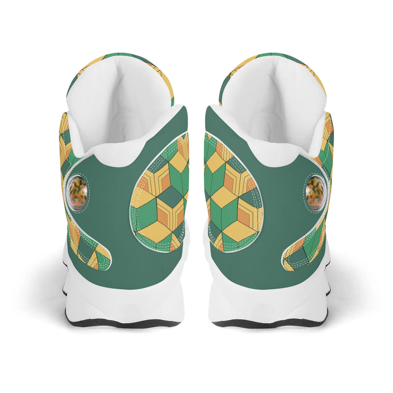 Skate shoe | High Top Sneakers | PU Vegan Leather Basketball shoes | Anime Slayer of Demon | Green Yellow Pattern