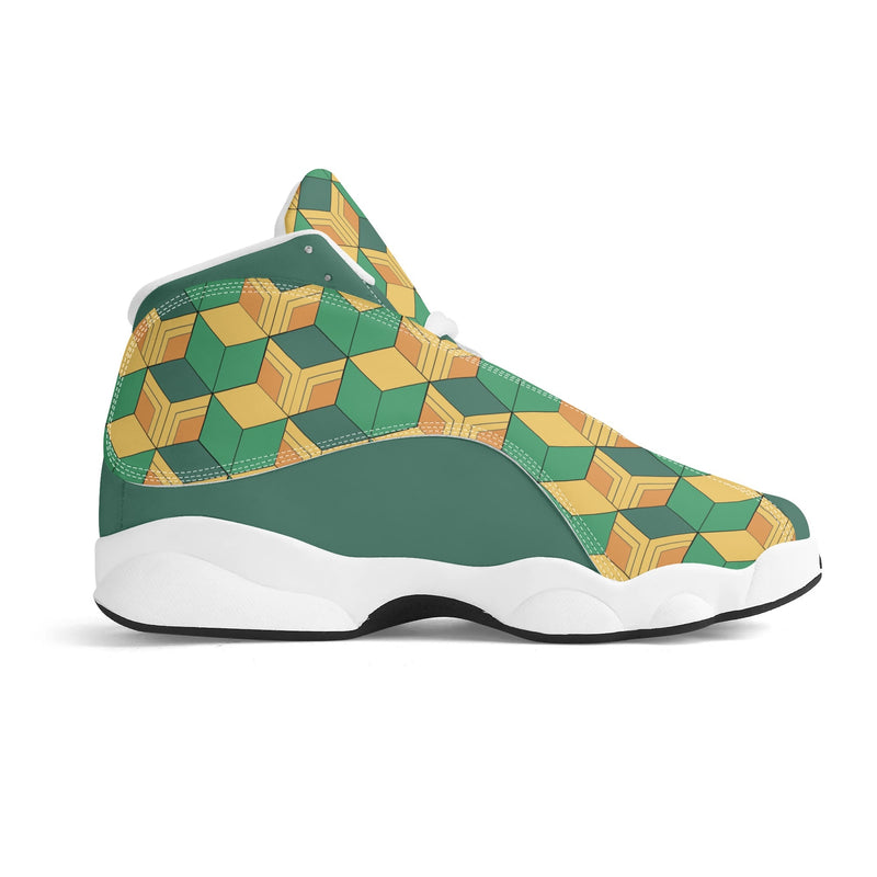 Skate shoe | High Top Sneakers | PU Vegan Leather Basketball shoes | Anime Slayer of Demon | Green Yellow Pattern