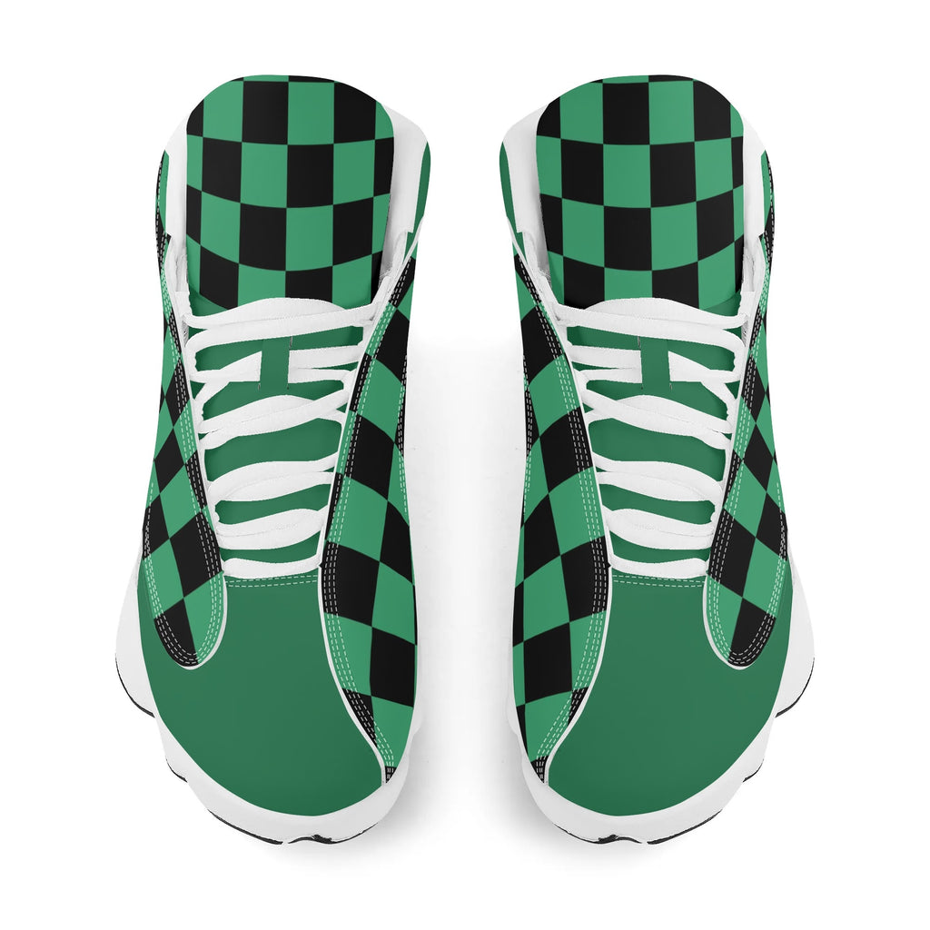 Skate shoe | High Top Sneakers | PU Vegan Leather Basketball shoes | Anime Slayer of Demon | Green Black Checkered