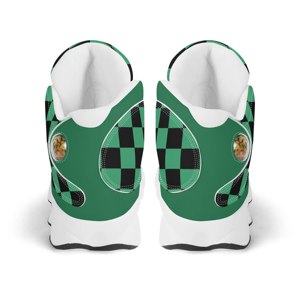 Skate shoe | High Top Sneakers | PU Vegan Leather Basketball shoes | Anime Slayer of Demon | Green Black Checkered