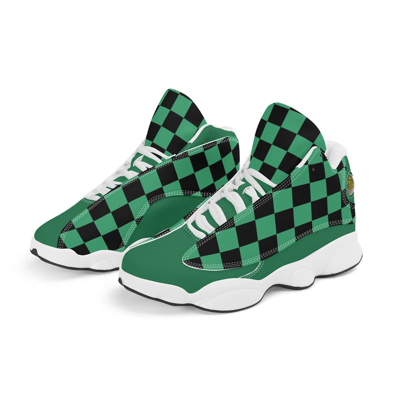 Skate shoe | High Top Sneakers | PU Vegan Leather Basketball shoes | Anime Slayer of Demon | Green Black Checkered