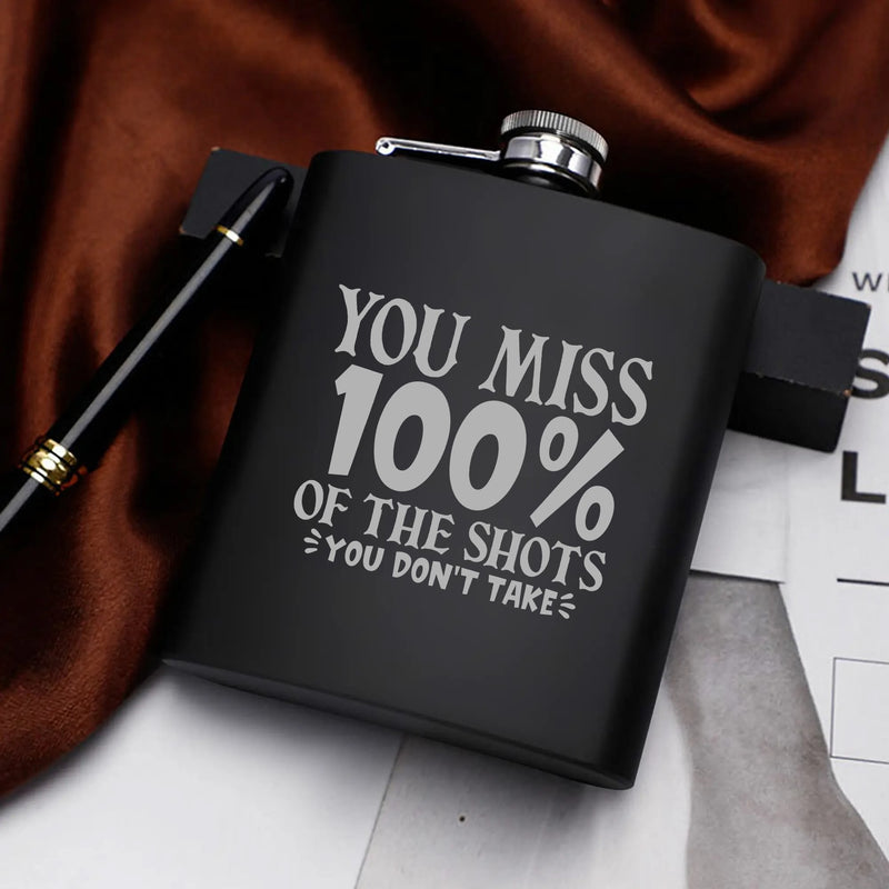 Funny Stainless Steel Hip Flask Gift Set with Funnel & Shot Glasses - The Shots you Miss