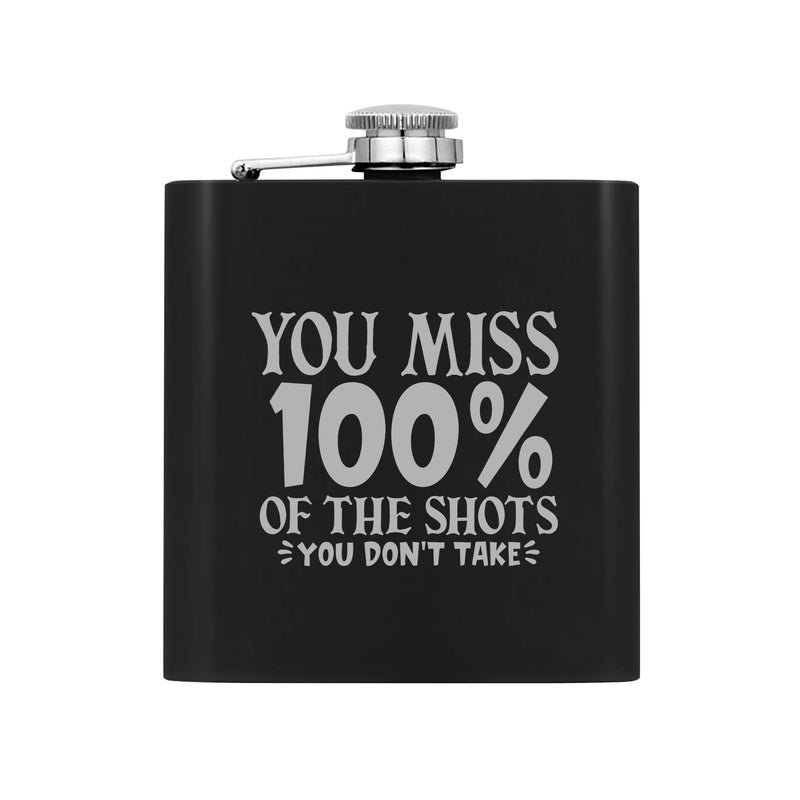 Funny Stainless Steel Hip Flask Gift Set with Funnel & Shot Glasses - The Shots you Miss