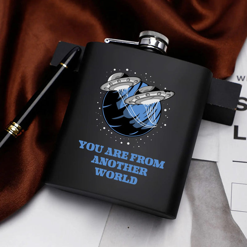 Funny Gag Gifts for Men | Stainless Steel Hip Flask Gift Set with Funnel & Shot Glasses | You are from another World