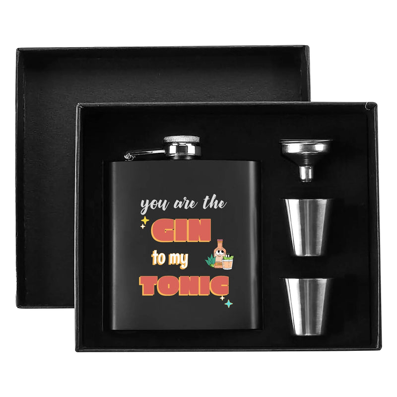 Funny Gag Gift ideas for men | Stainless Steel Hip Flask Gift Set with Funnel & Shot Glasses | Gin to my Tonic