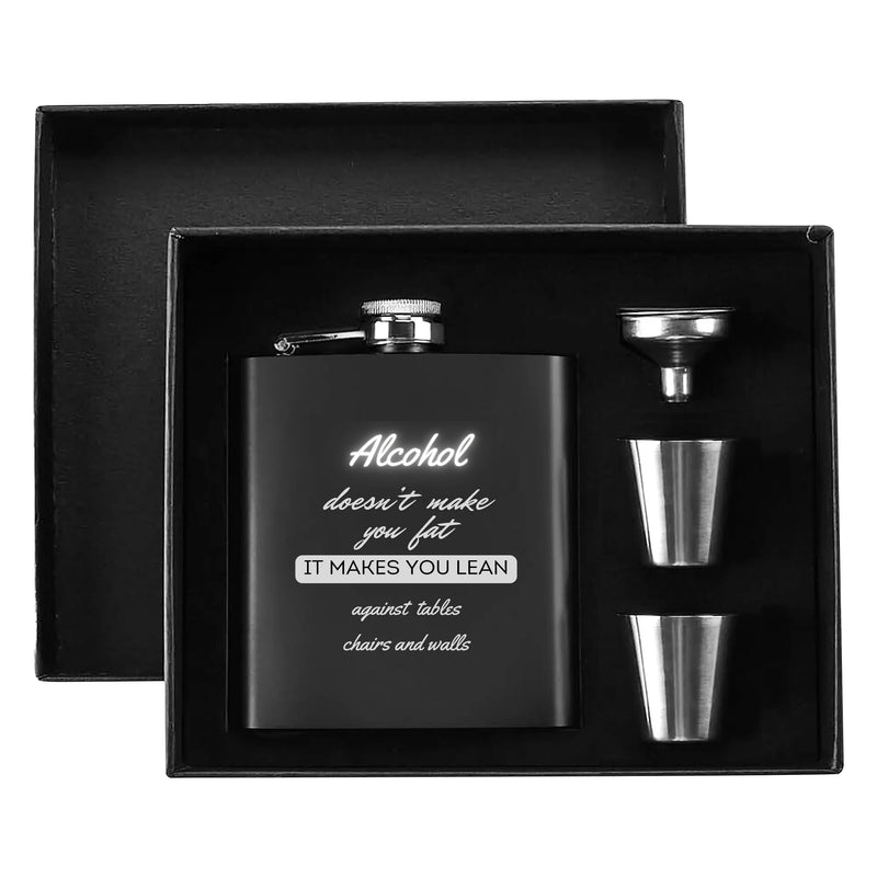 Funny Gag Gift ideas for men | Stainless Steel Hip Flask Gift Set with Funnel & Shot Glasses | Alcohol makes you Lean