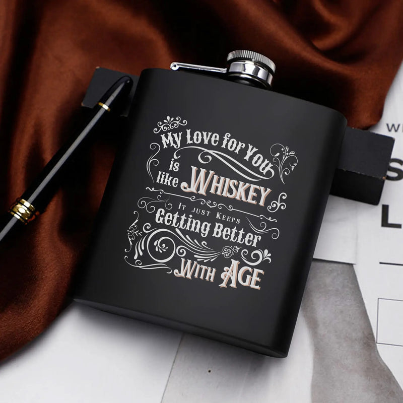 Funny Gag Gift ideas for men | Stainless Steel Hip Flask Gift Set with Funnel & Shot Glasses | Vintage Whiskey gets better with Age