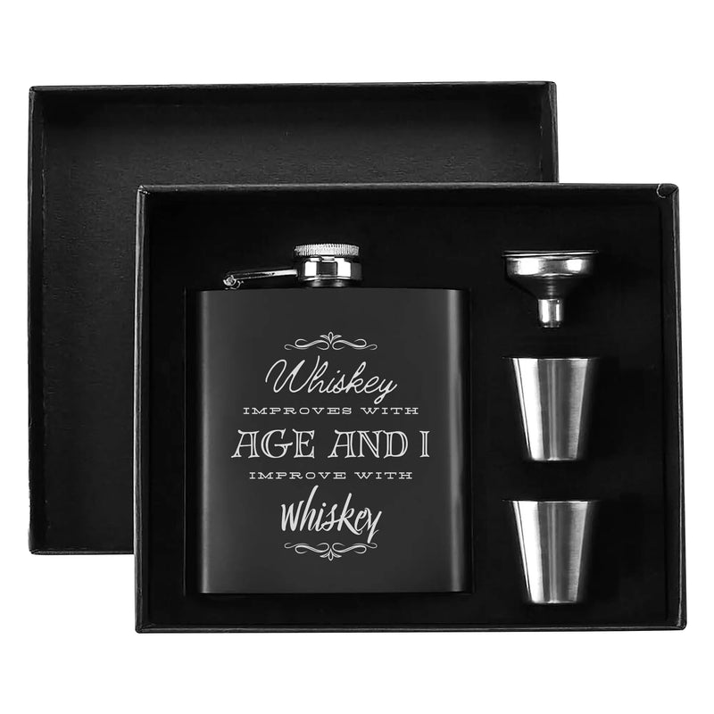 Funny Gag Gift for men | Stainless Steel Hip Flask Gift Set with Funnel & Shot Glasses – I improve with Whiskey