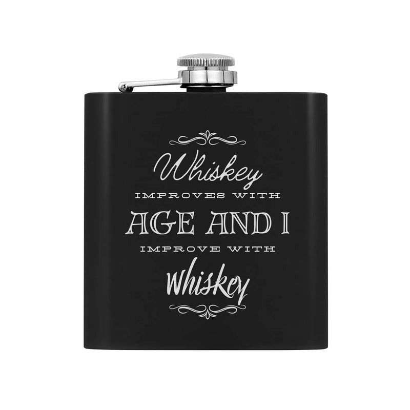 Funny Gag Gift for men | Stainless Steel Hip Flask Gift Set with Funnel & Shot Glasses – I improve with Whiskey