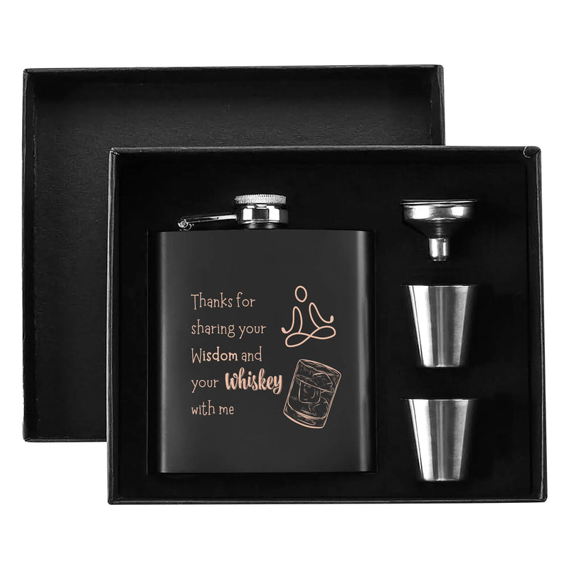 Funny Gag Gift for men | Stainless Steel Hip Flask Gift Set with Funnel & Shot Glasses | Sharing Wisdom and Whiskey