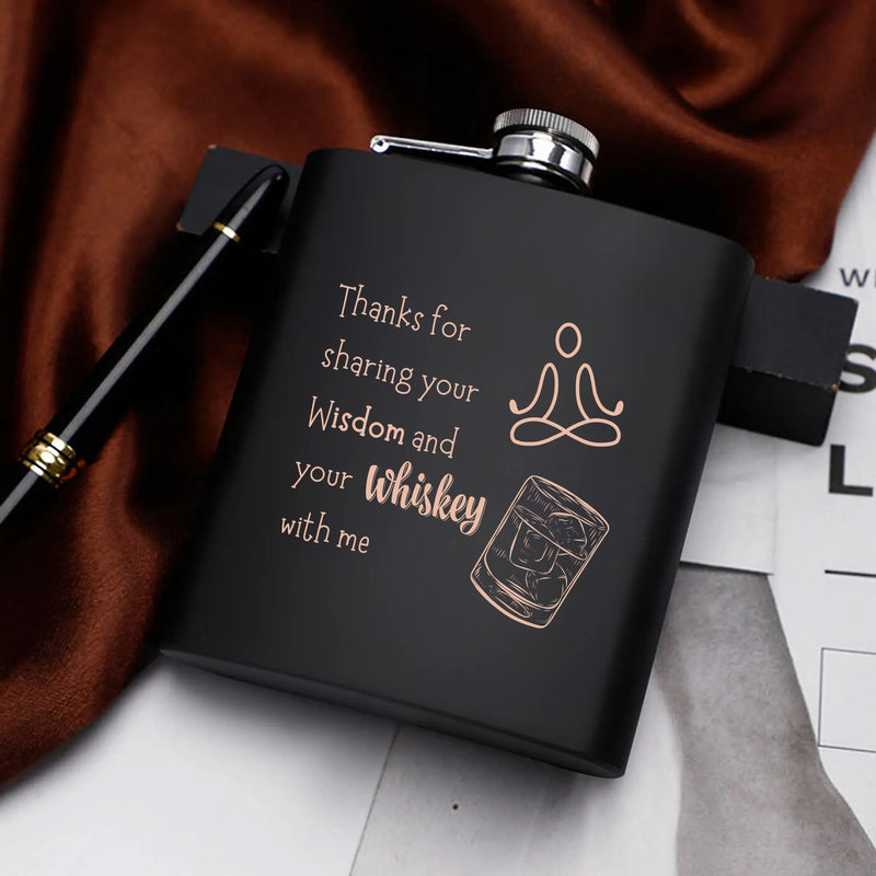 Funny Gag Gift for men | Stainless Steel Hip Flask Gift Set with Funnel & Shot Glasses | Sharing Wisdom and Whiskey