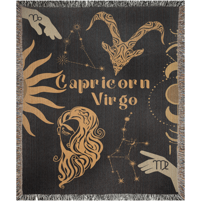 Capricorn and Virgo Zodiac Compatibility Woven Throw Tapestry - Elevate home decor with this boho-inspired, celestial charm blanket. Perfect for astrology enthusiasts, featuring Capricorn and Virgo sun signs, adding unique, artistic flair to your living space. Premium cotton, cozy, and decorative.